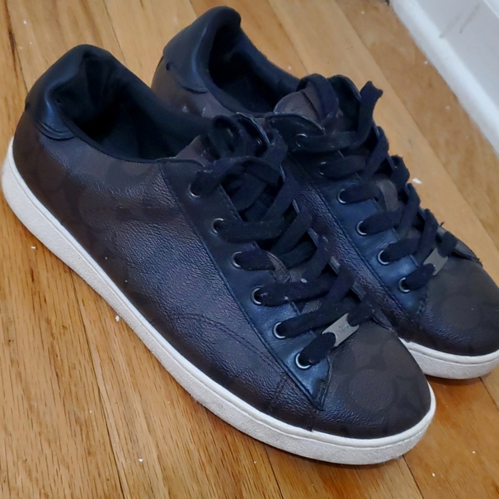 Coach Black Logo-Print Leather Low-Top Sneakers with White Soles
